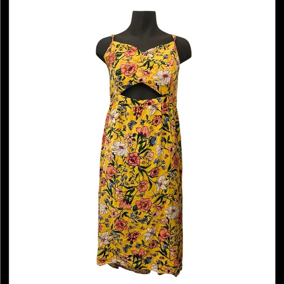 Hollister Yellow with Pink Floral Midi Sundress with Keyhole Cut - Picture 1 of 13